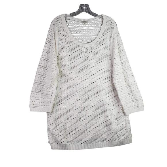 Talbots Sweater Plus Size 2X Open Knit Pullover White Cotton Resort Wear - Picture 2 of 8